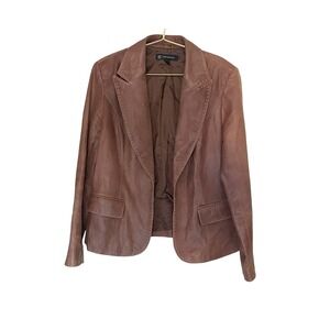 INC Brown Leather Blazer Jacket Women L Stitched Trim Hook Closure